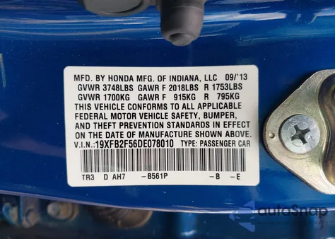 2013 Honda Civic Lx z USA, uszkodzony, nr VIN 19XFB2F56DE078010